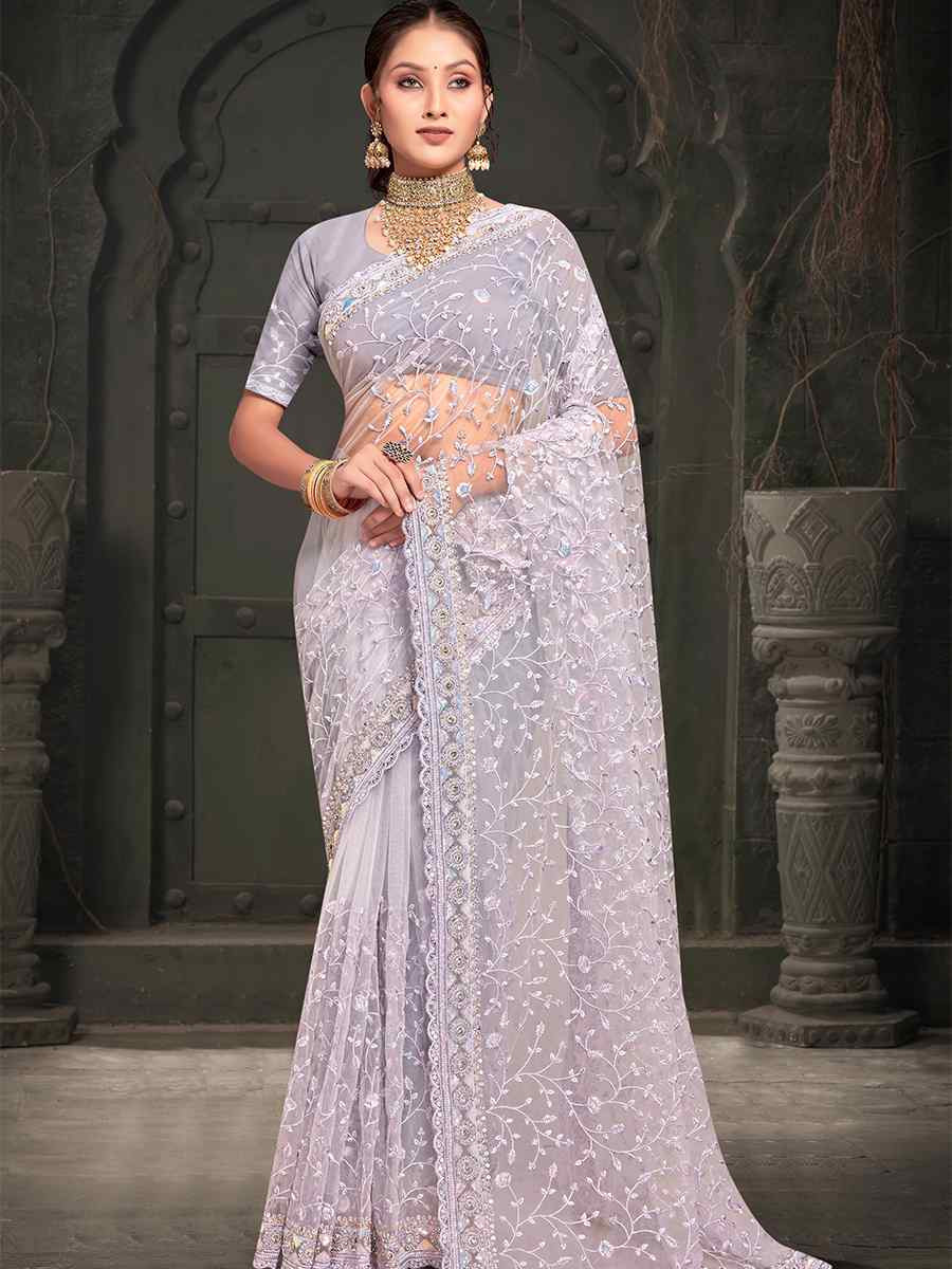 Lavender Net Embroidered Reception Party Heavy Border Saree