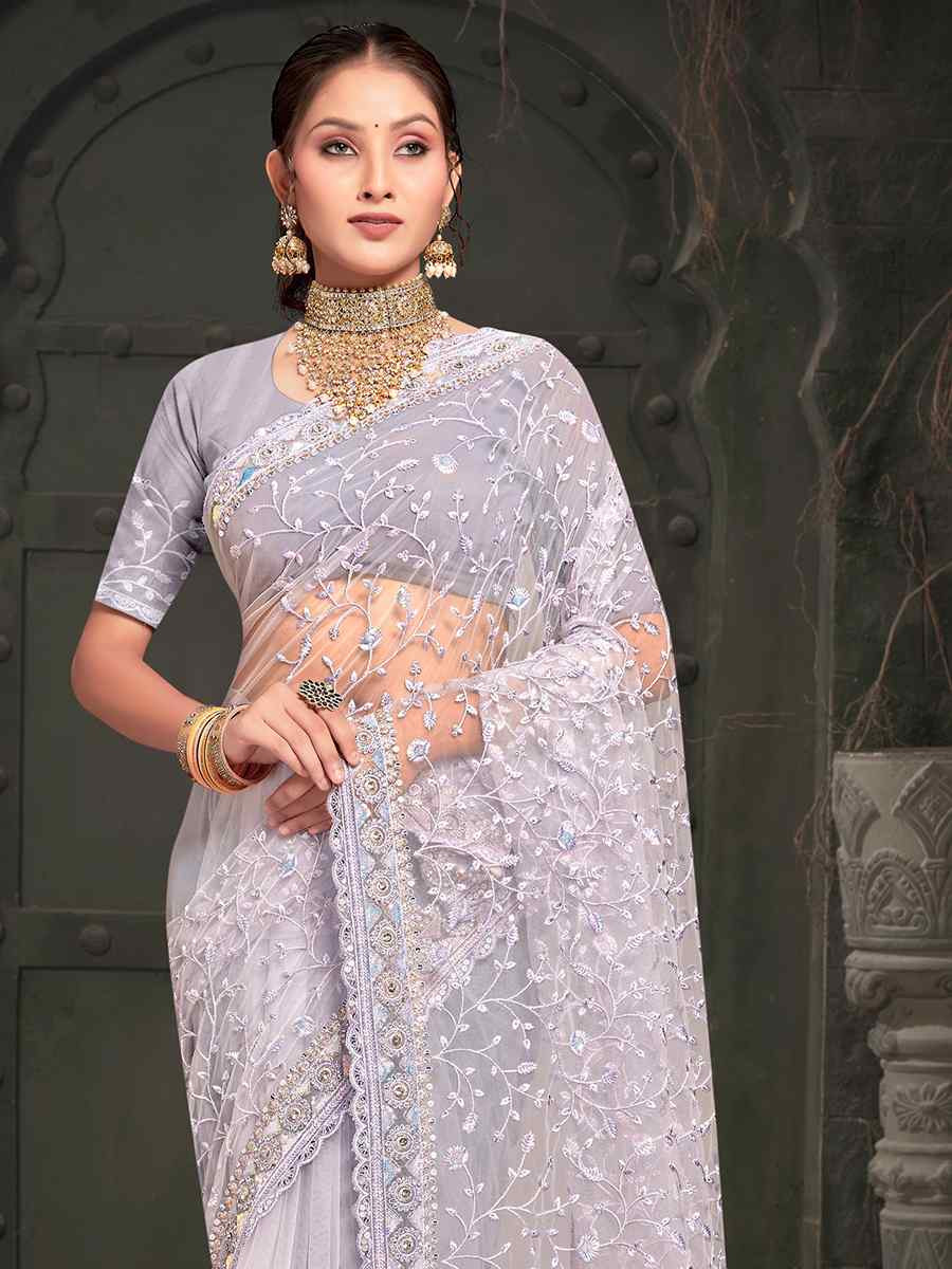 Lavender Net Embroidered Reception Party Heavy Border Saree