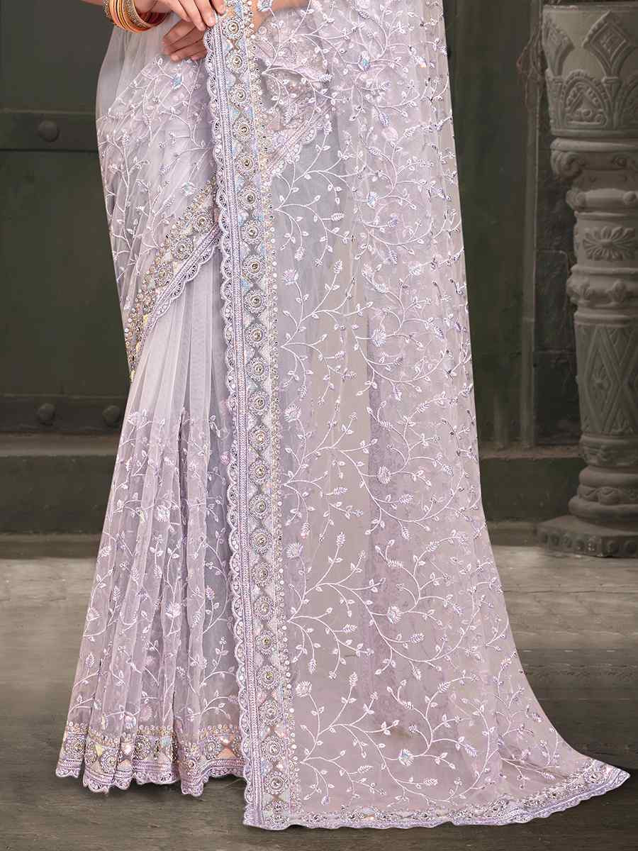 Lavender Net Embroidered Reception Party Heavy Border Saree