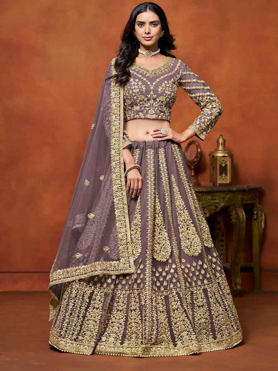 Lavender Net Embroidered Wedding Bridesmaid Heavy Border Lehenga Choli