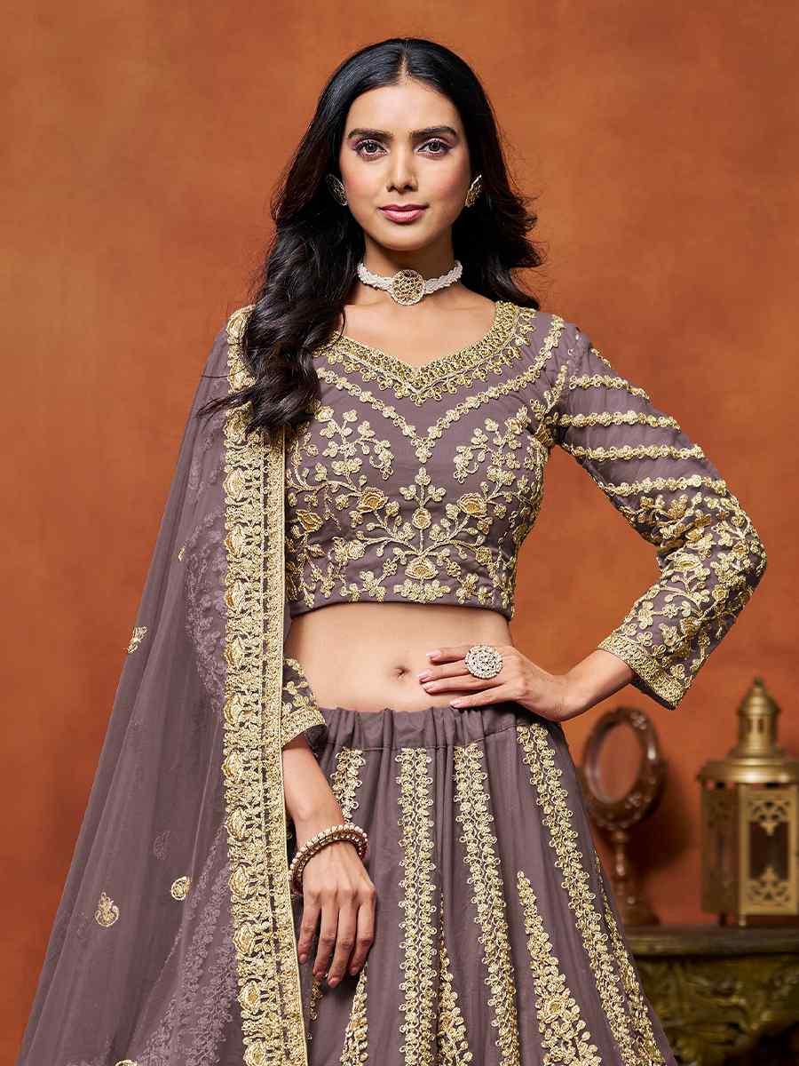 Lavender Net Embroidered Wedding Bridesmaid Heavy Border Lehenga Choli