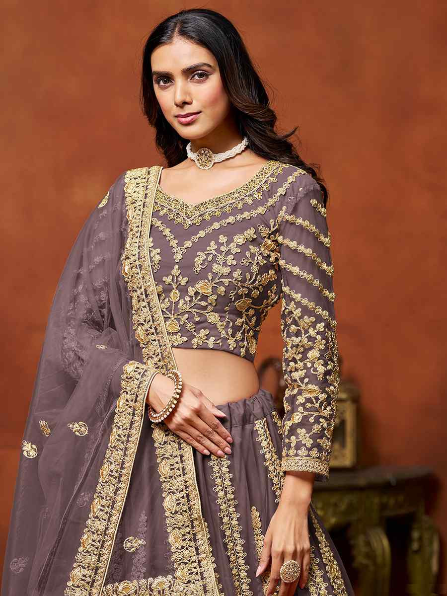 Lavender Net Embroidered Wedding Bridesmaid Heavy Border Lehenga Choli