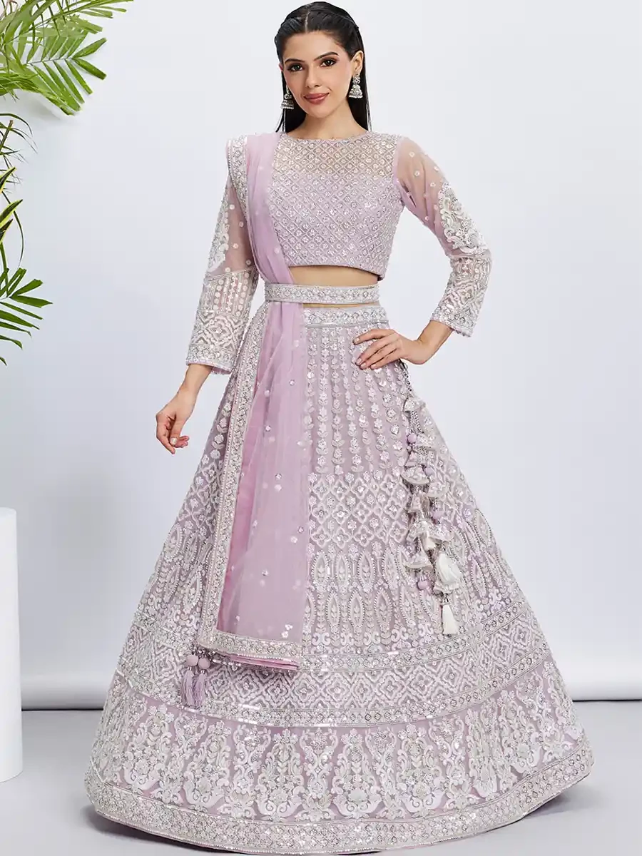 Lavender Net Embroidery Reception Party Wear Heavy Border Lehenga Choli