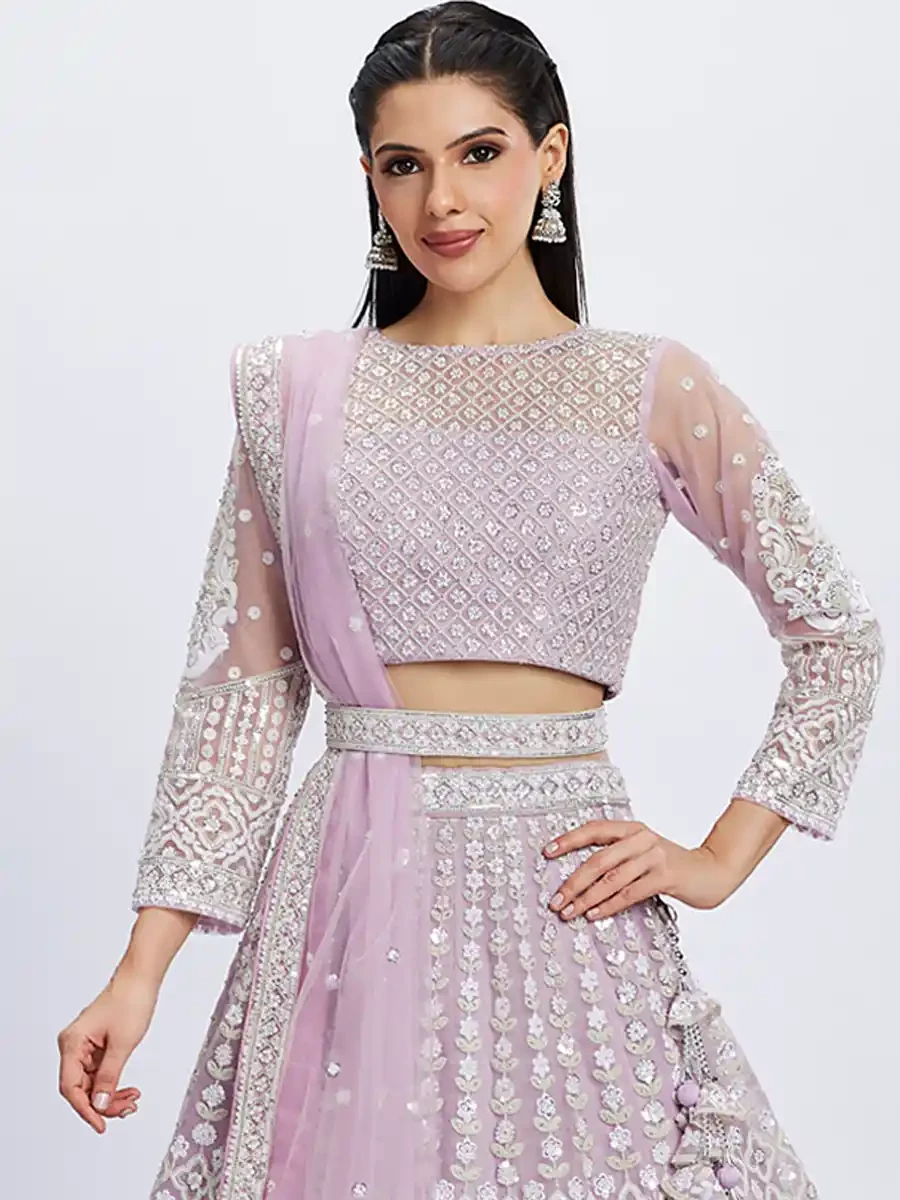 Lavender Net Embroidery Reception Party Wear Heavy Border Lehenga Choli