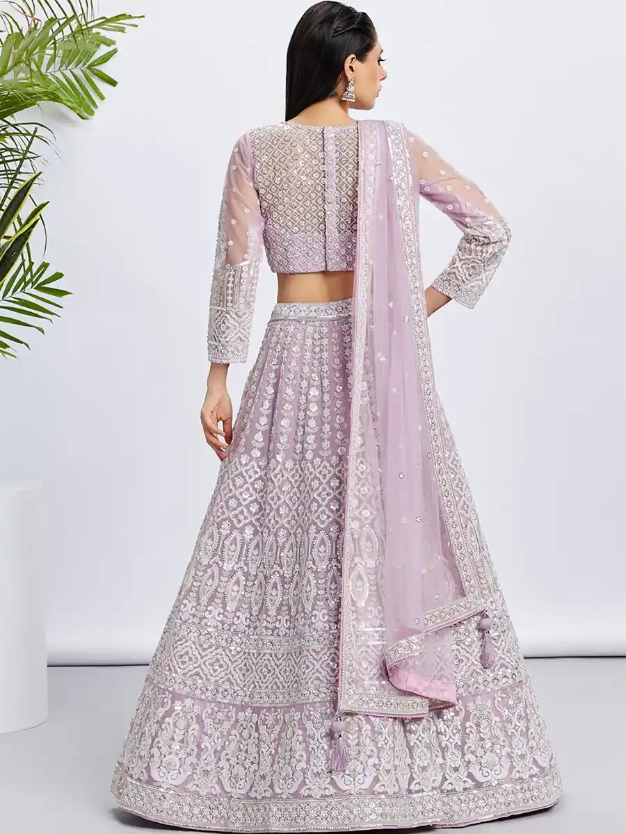 Lavender Net Embroidery Reception Party Wear Heavy Border Lehenga Choli