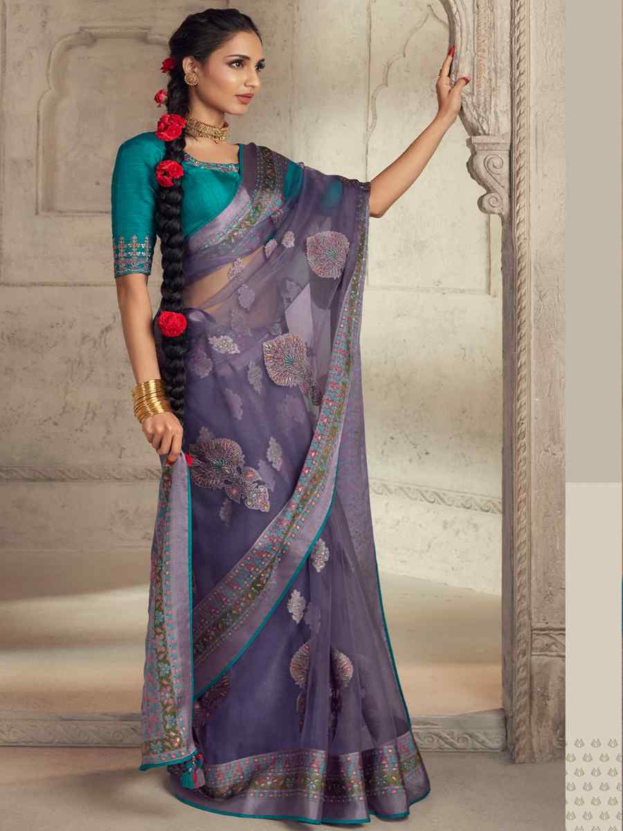 Lavender Organza Brasso Embroidered Festival Wedding Heavy Border Saree