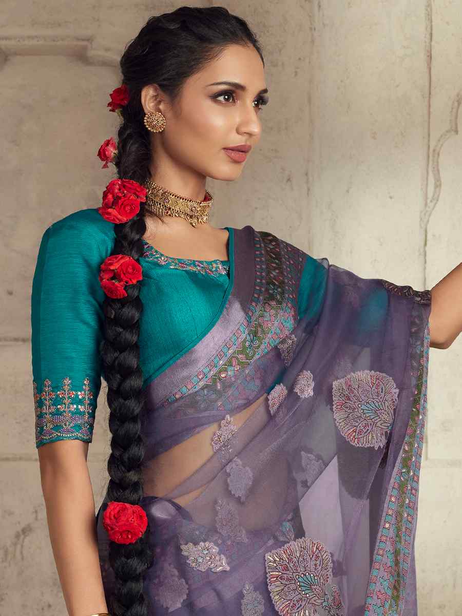 Lavender Organza Brasso Embroidered Festival Wedding Heavy Border Saree