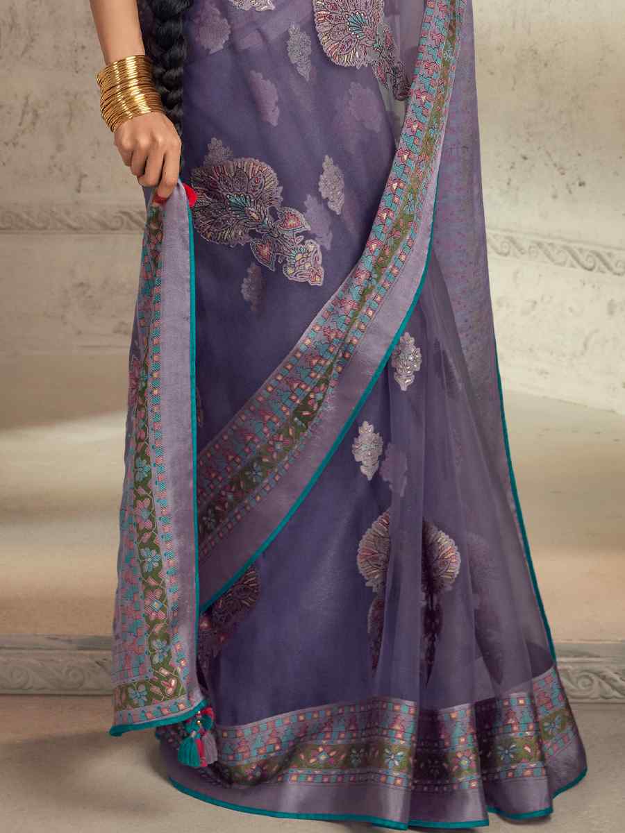 Lavender Organza Brasso Embroidered Festival Wedding Heavy Border Saree