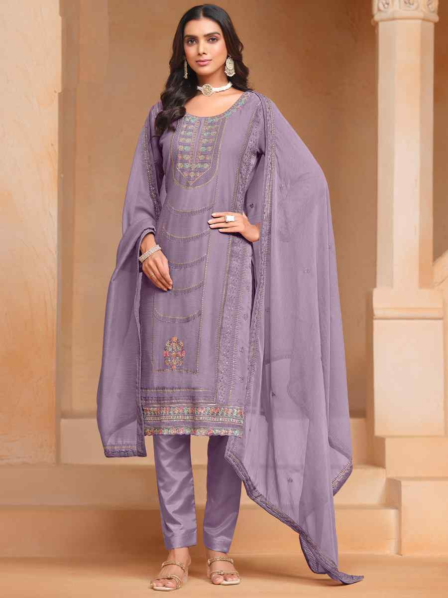 Lavender Organza Chiffon Embroidered Festival Wedding Pant Salwar Kameez