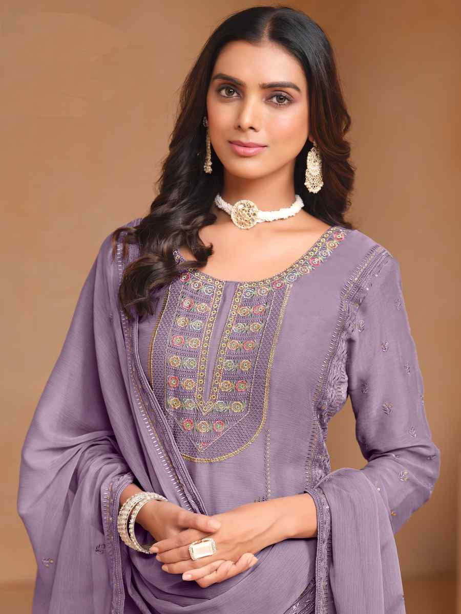 Lavender Organza Chiffon Embroidered Festival Wedding Pant Salwar Kameez