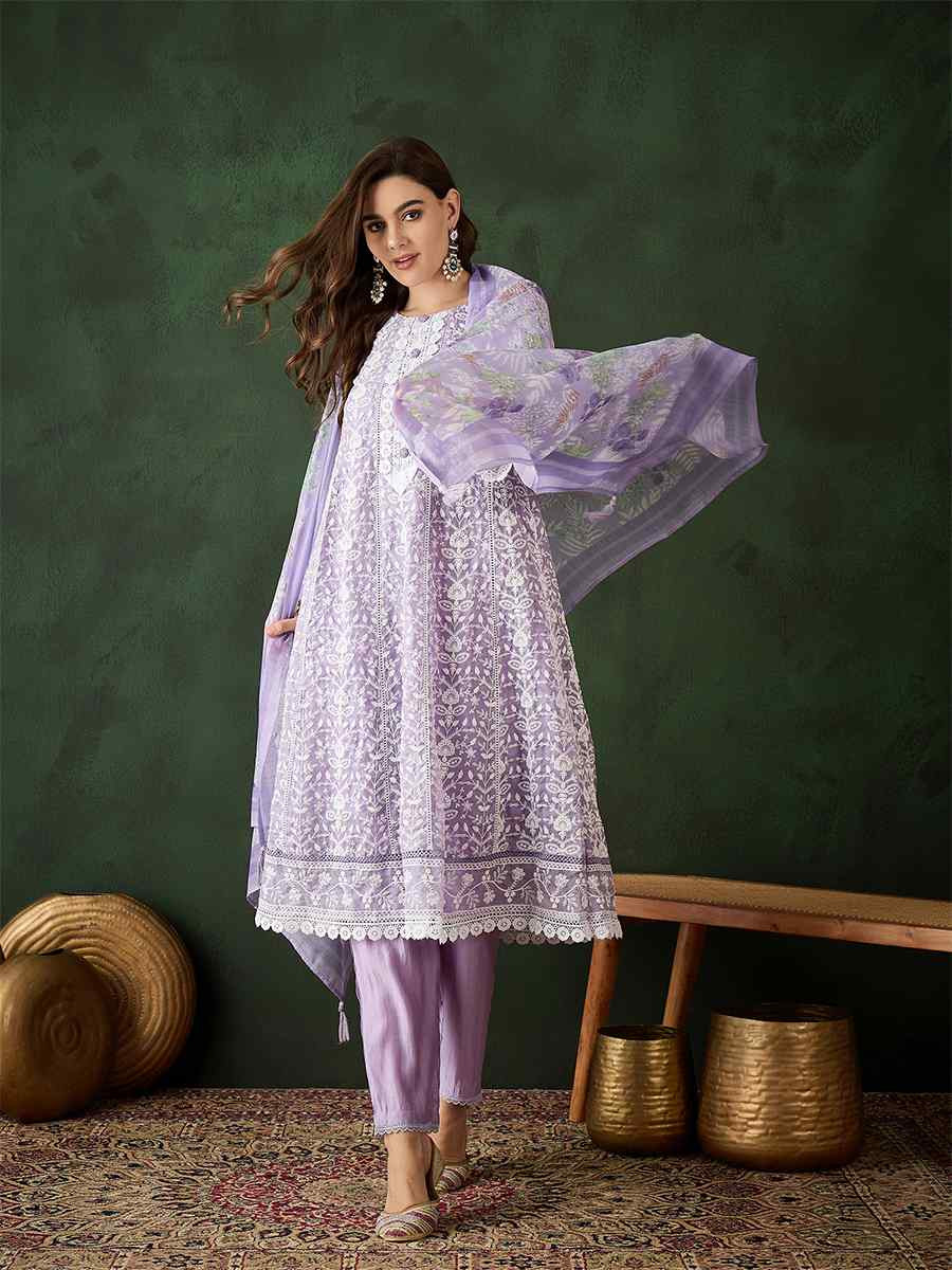 Lavender Organza Embroidered Festival Casual Pant Salwar Kameez