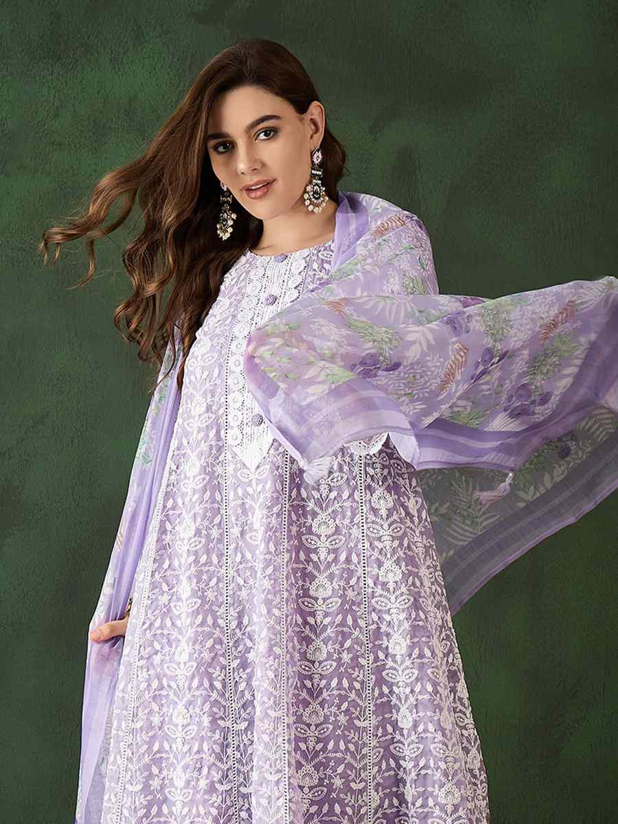 Lavender Organza Embroidered Festival Casual Pant Salwar Kameez