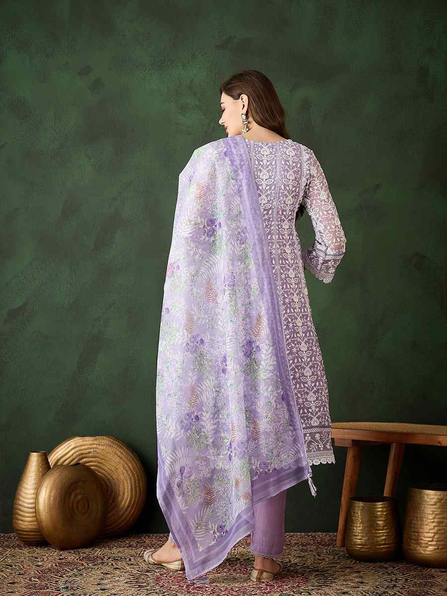 Lavender Organza Embroidered Festival Casual Pant Salwar Kameez