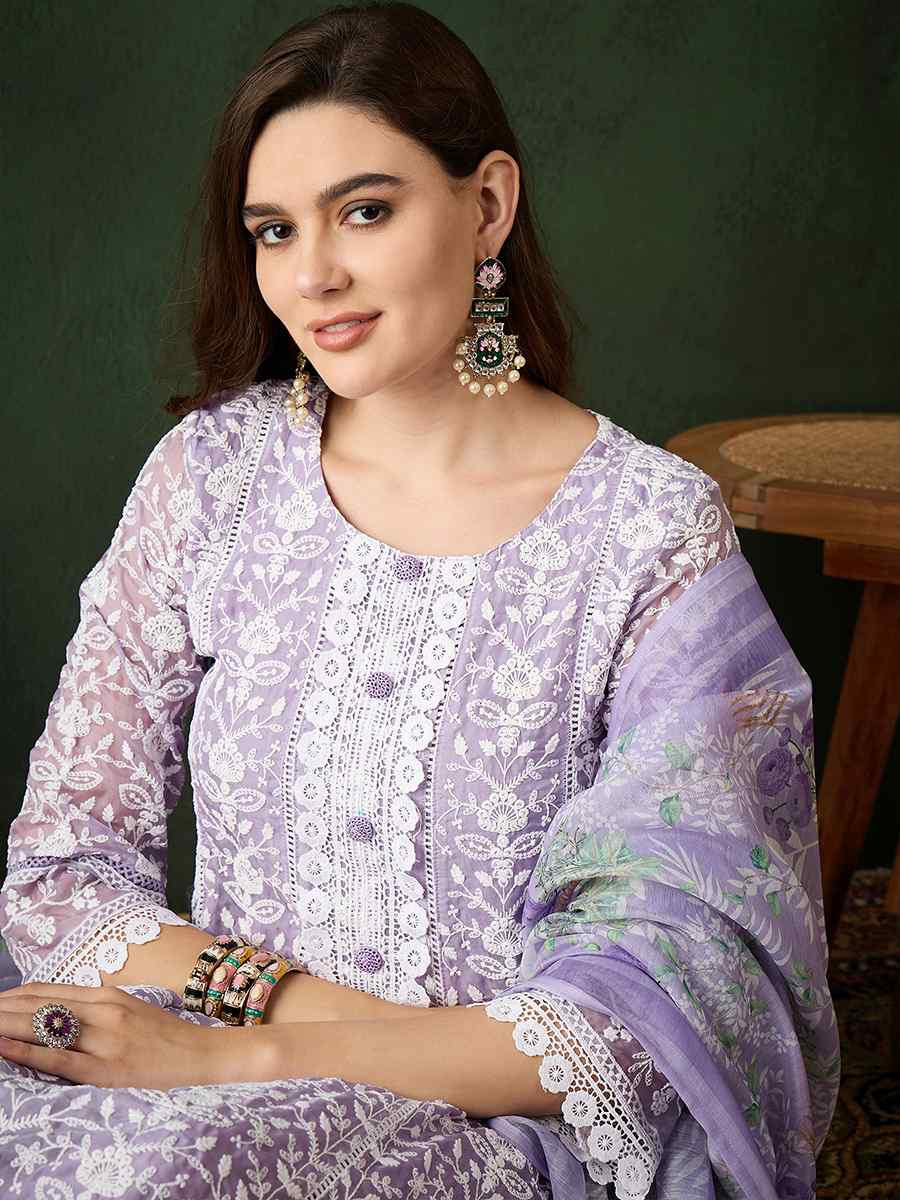 Lavender Organza Embroidered Festival Casual Pant Salwar Kameez