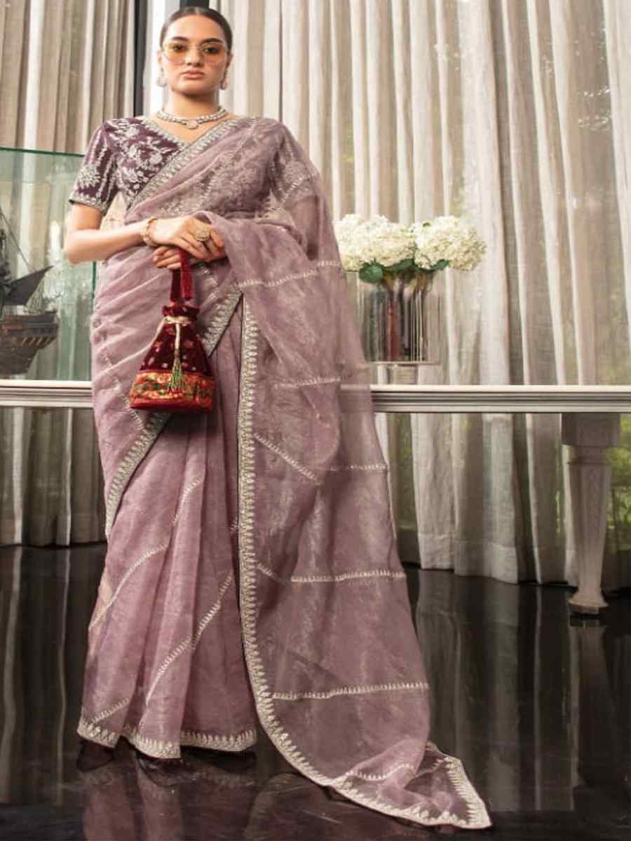 Lavender Organza Embroidered Festival Wedding Classic Style Saree