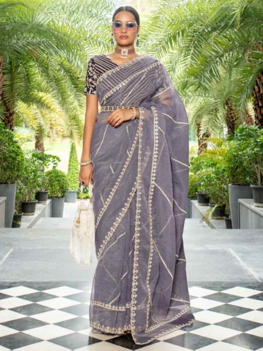 Lavender Organza Embroidered Festival Wedding Classic Style Saree