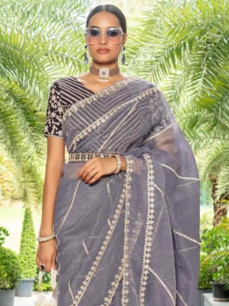 Lavender Organza Embroidered Festival Wedding Classic Style Saree