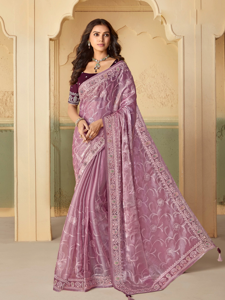 Lavender Organza Embroidered Reception Party Heavy Border Saree