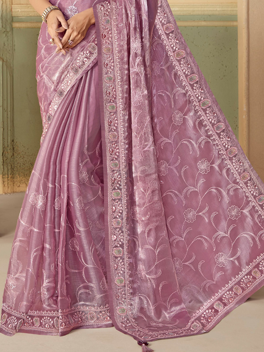 Lavender Organza Embroidered Reception Party Heavy Border Saree