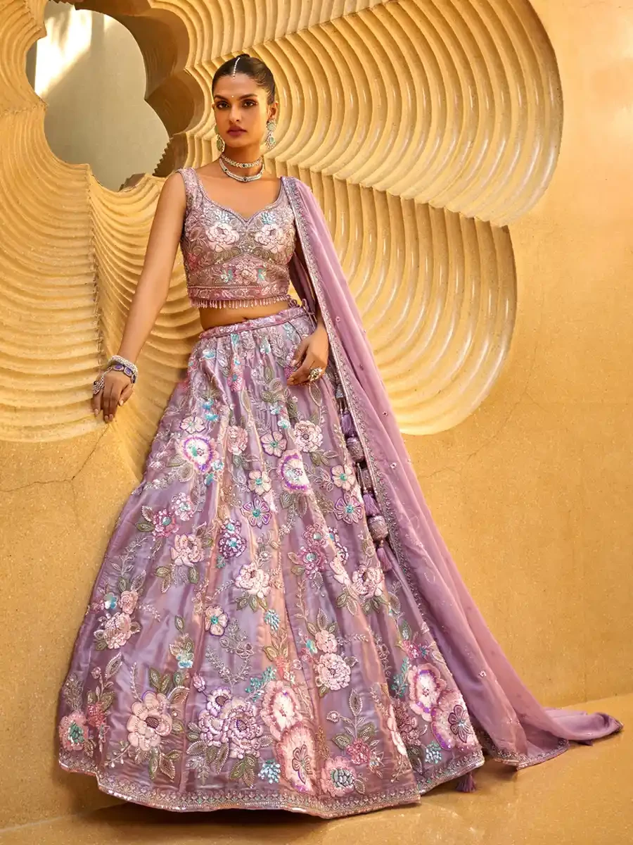 Lavender Organza Embroidered Wedding Bridesmaid Heavy Border Lehenga Choli