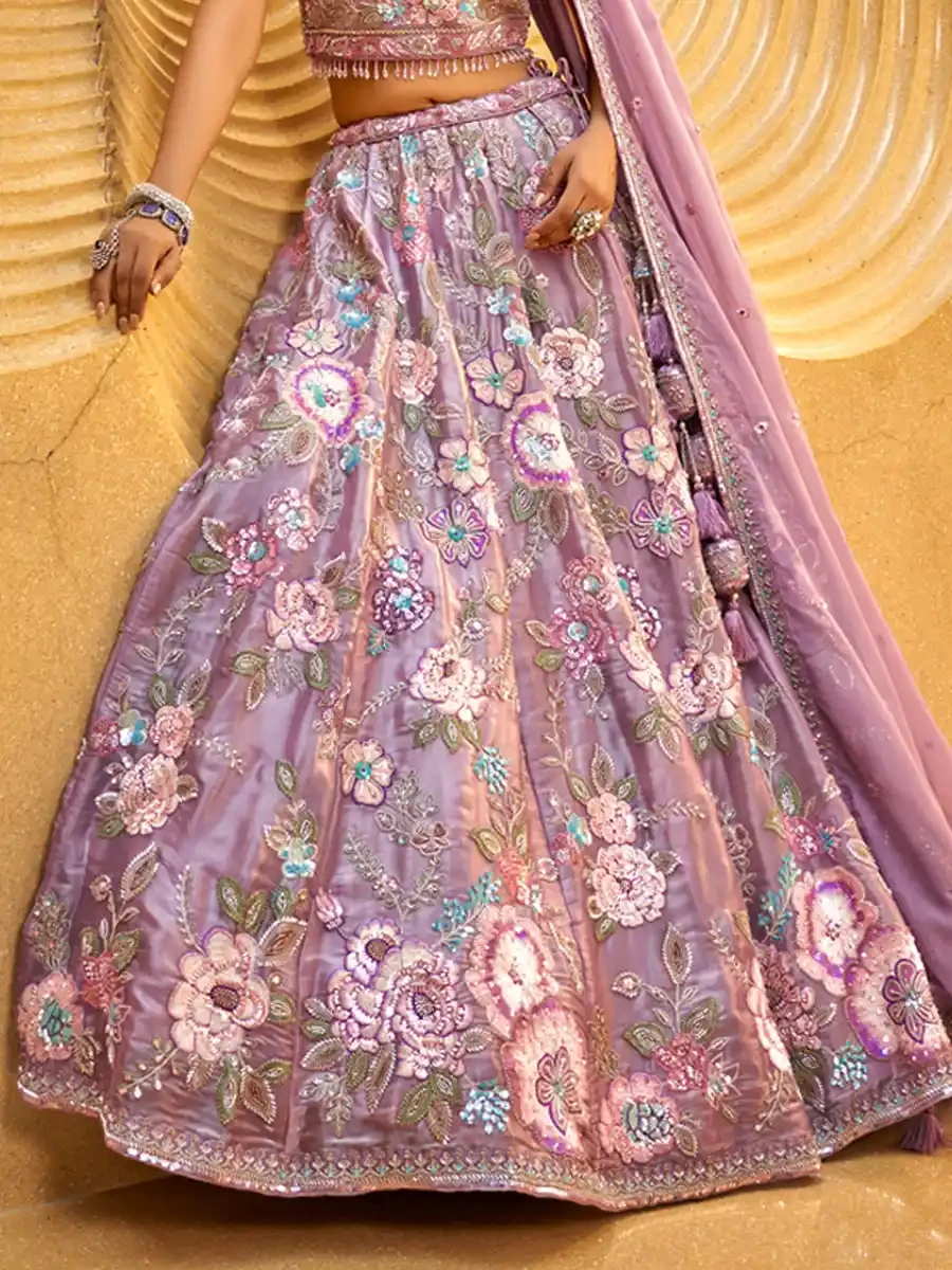 Lavender Organza Embroidered Wedding Bridesmaid Heavy Border Lehenga Choli