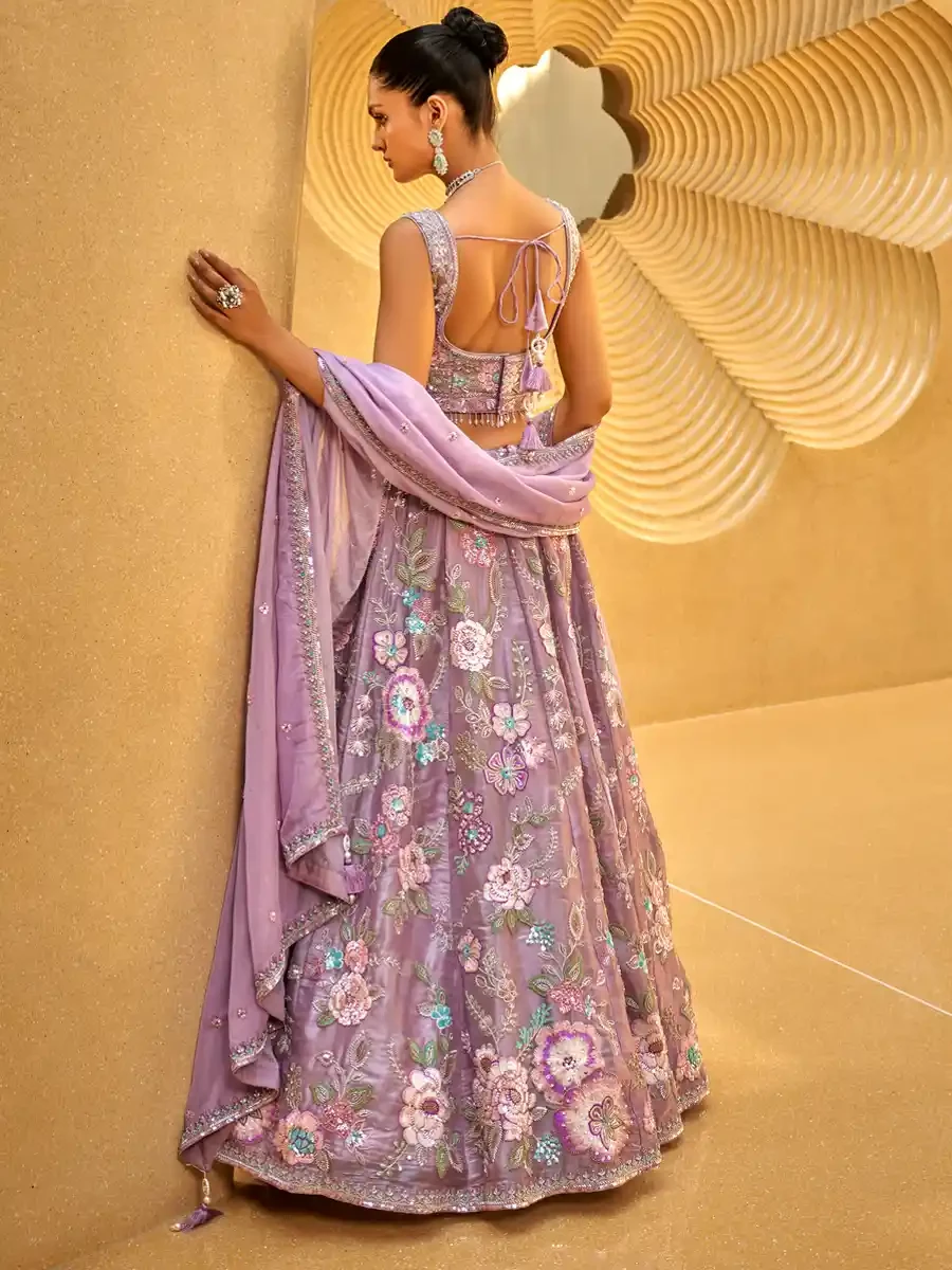 Lavender Organza Embroidered Wedding Bridesmaid Heavy Border Lehenga Choli