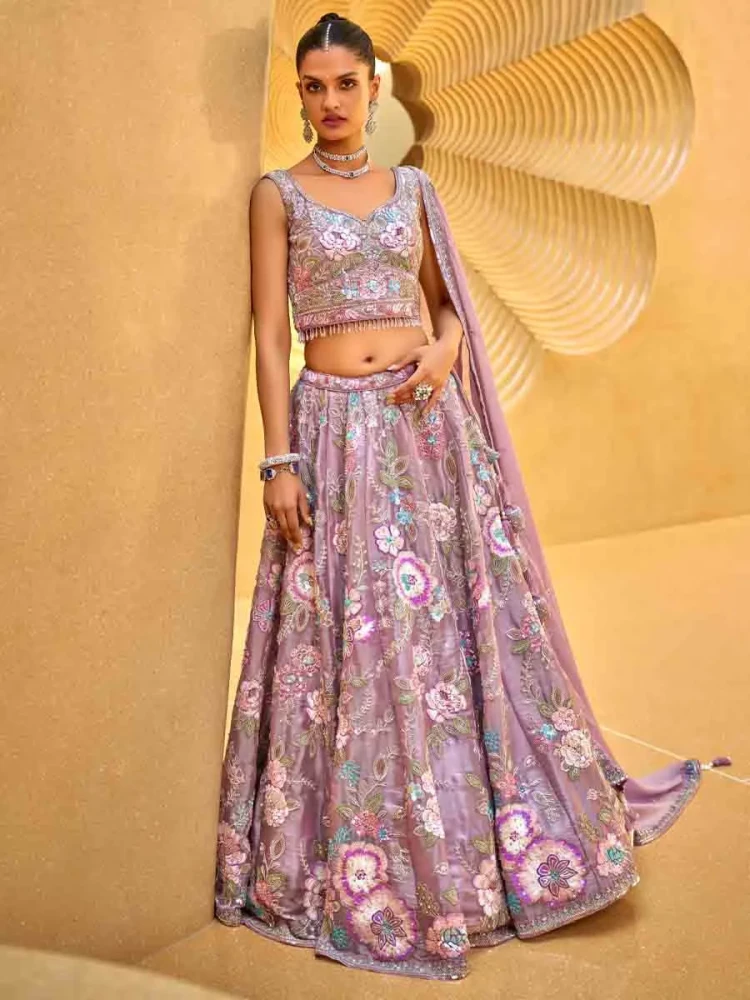 Lavender Organza Embroidered Wedding Bridesmaid Heavy Border Lehenga Choli