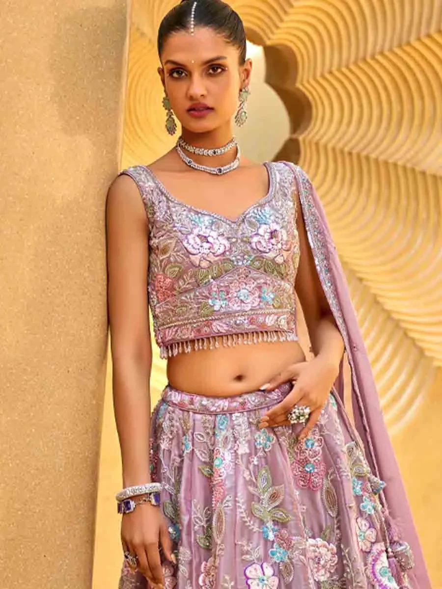 Lavender Organza Embroidered Wedding Bridesmaid Heavy Border Lehenga Choli