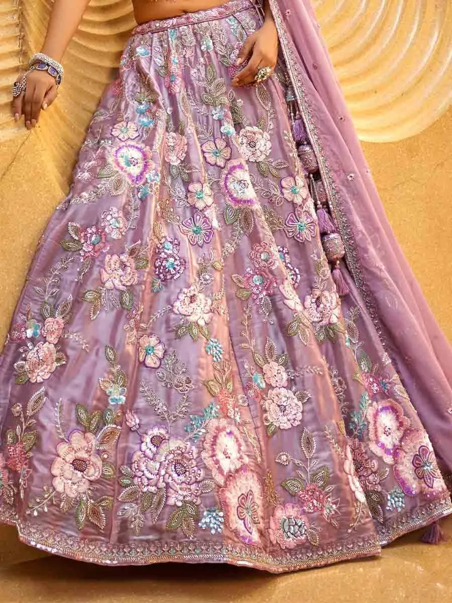 Lavender Organza Embroidered Wedding Bridesmaid Heavy Border Lehenga Choli