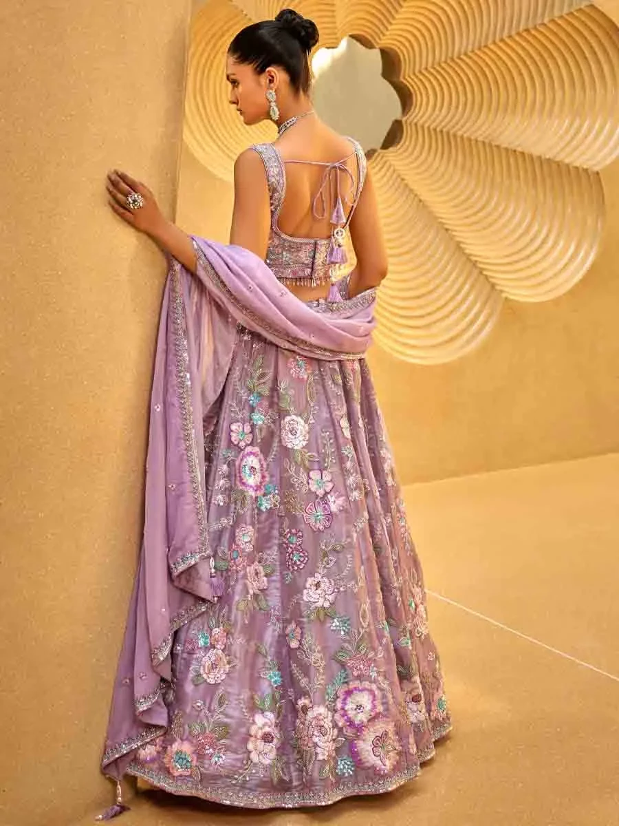 Lavender Organza Embroidered Wedding Bridesmaid Heavy Border Lehenga Choli