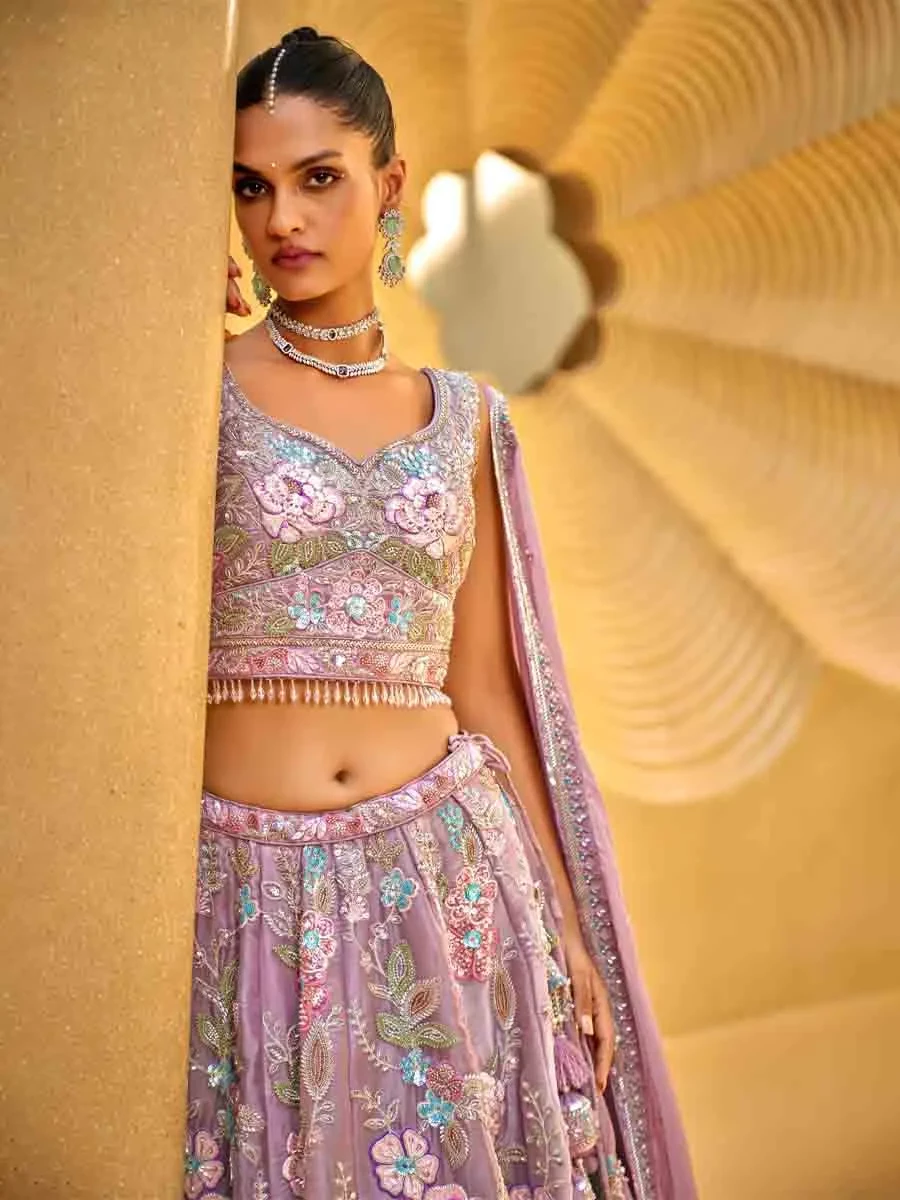 Lavender Organza Embroidered Wedding Bridesmaid Heavy Border Lehenga Choli