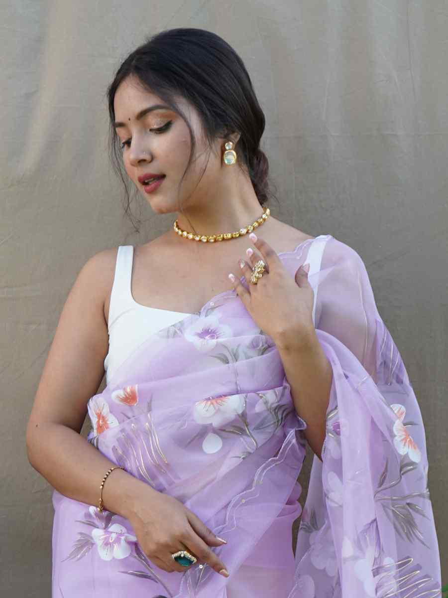 Lavender Organza Handwoven Festival Party Classic Style Saree