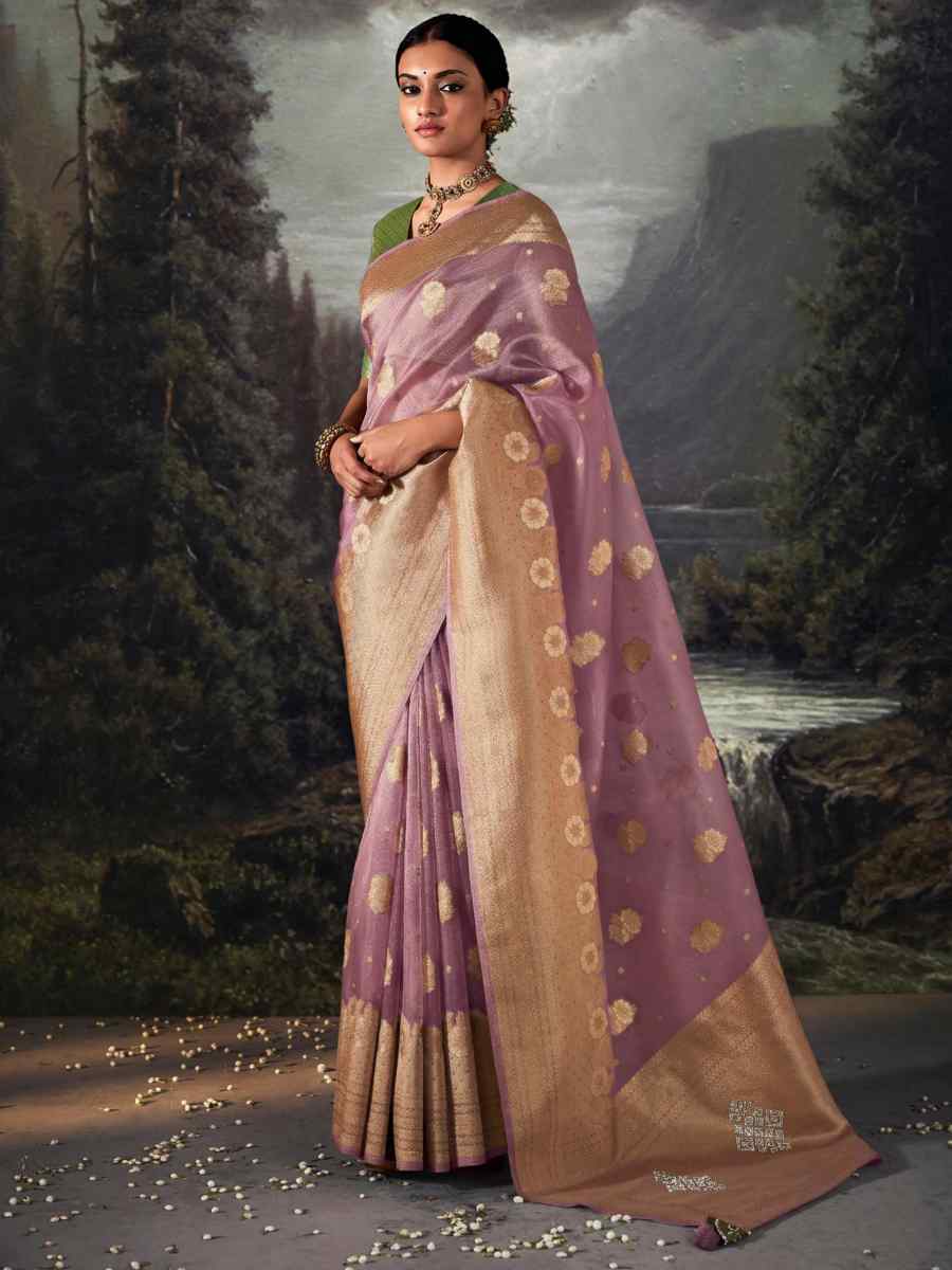 Lavender Organza Handwoven Festival Wedding Heavy Border Saree