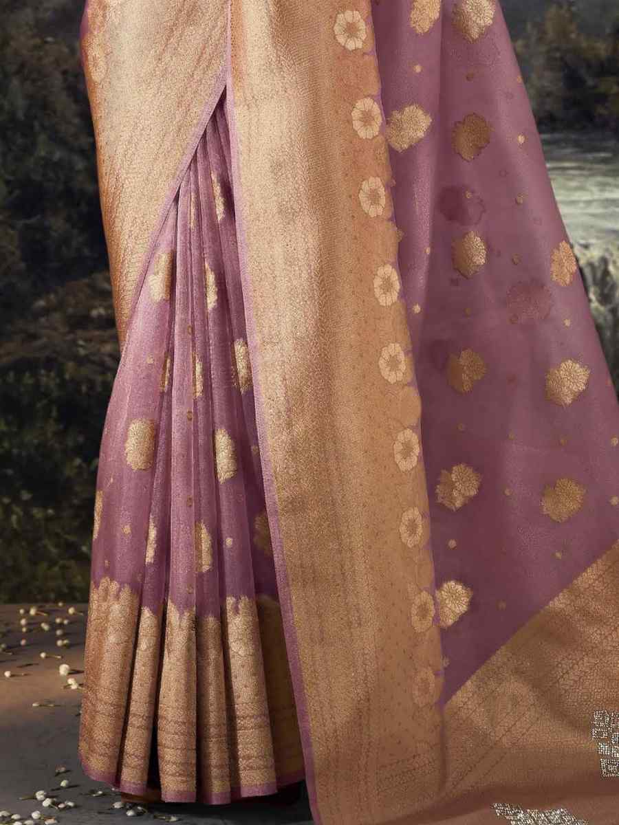 Lavender Organza Handwoven Festival Wedding Heavy Border Saree