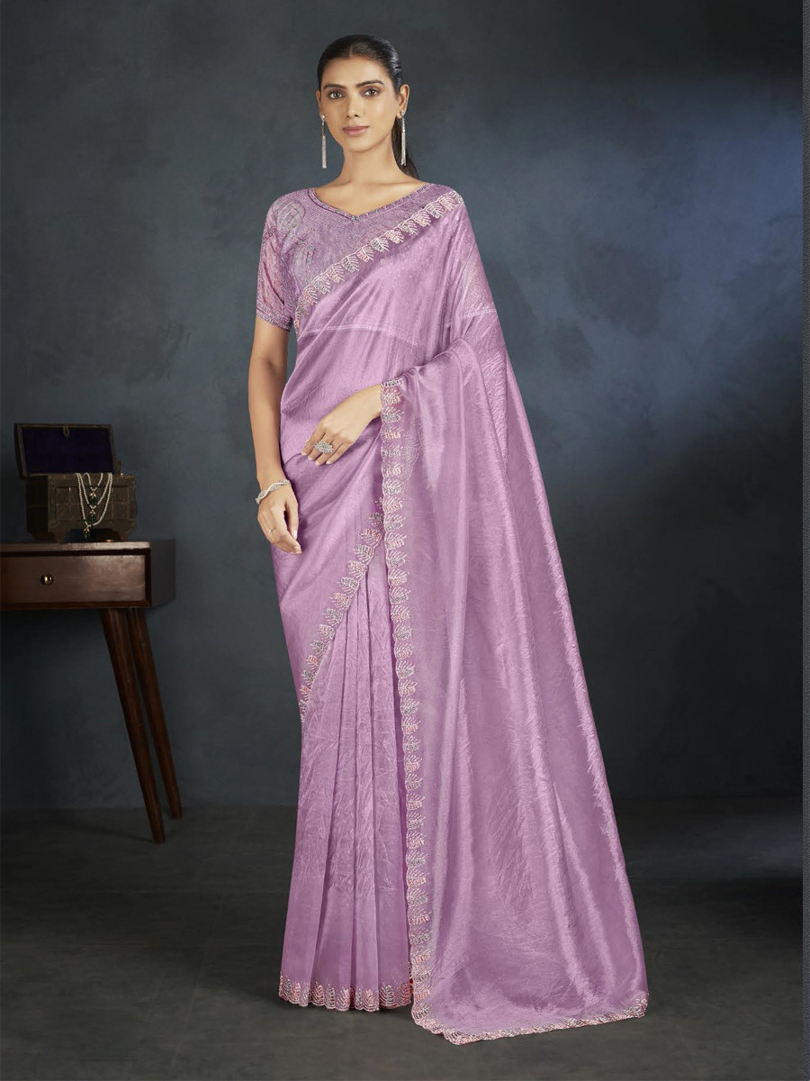 Lavender Organza Handwoven Festival Wedding Heavy Border Saree