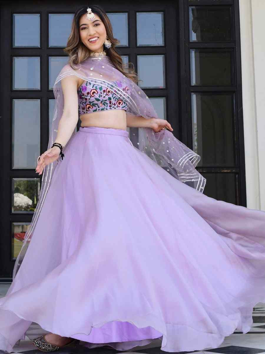 Lavender Organza Net Embroidered Bridesmaid Wedding Heavy Border Lehenga Choli