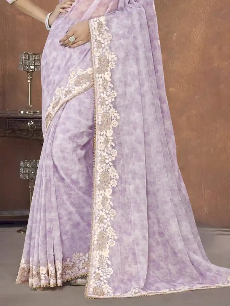 Lavender Organza Printed Festival Casual Contemporary Saree