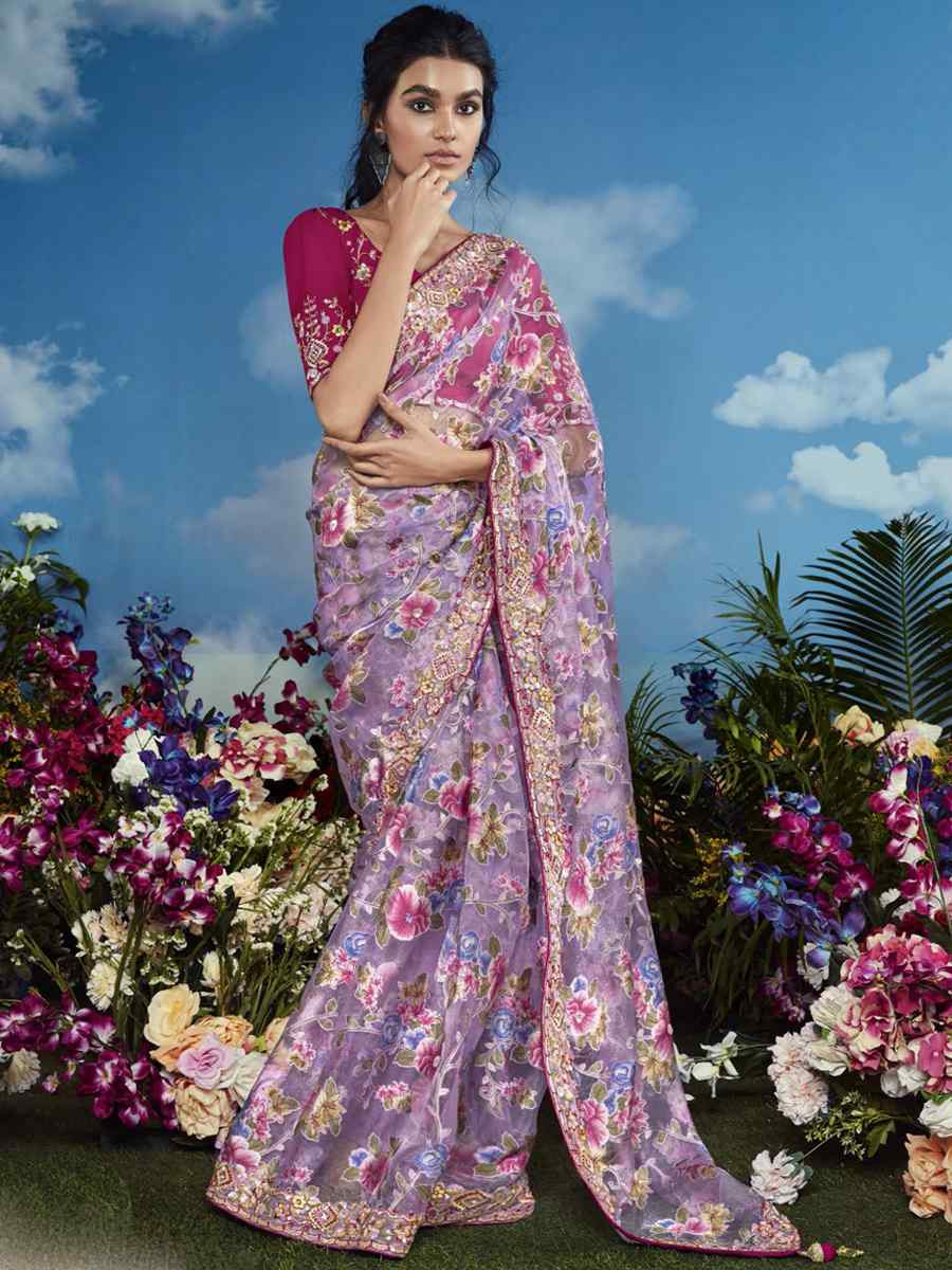 Lavender Organza Silk Embroidered Festival Wedding Heavy Border Saree