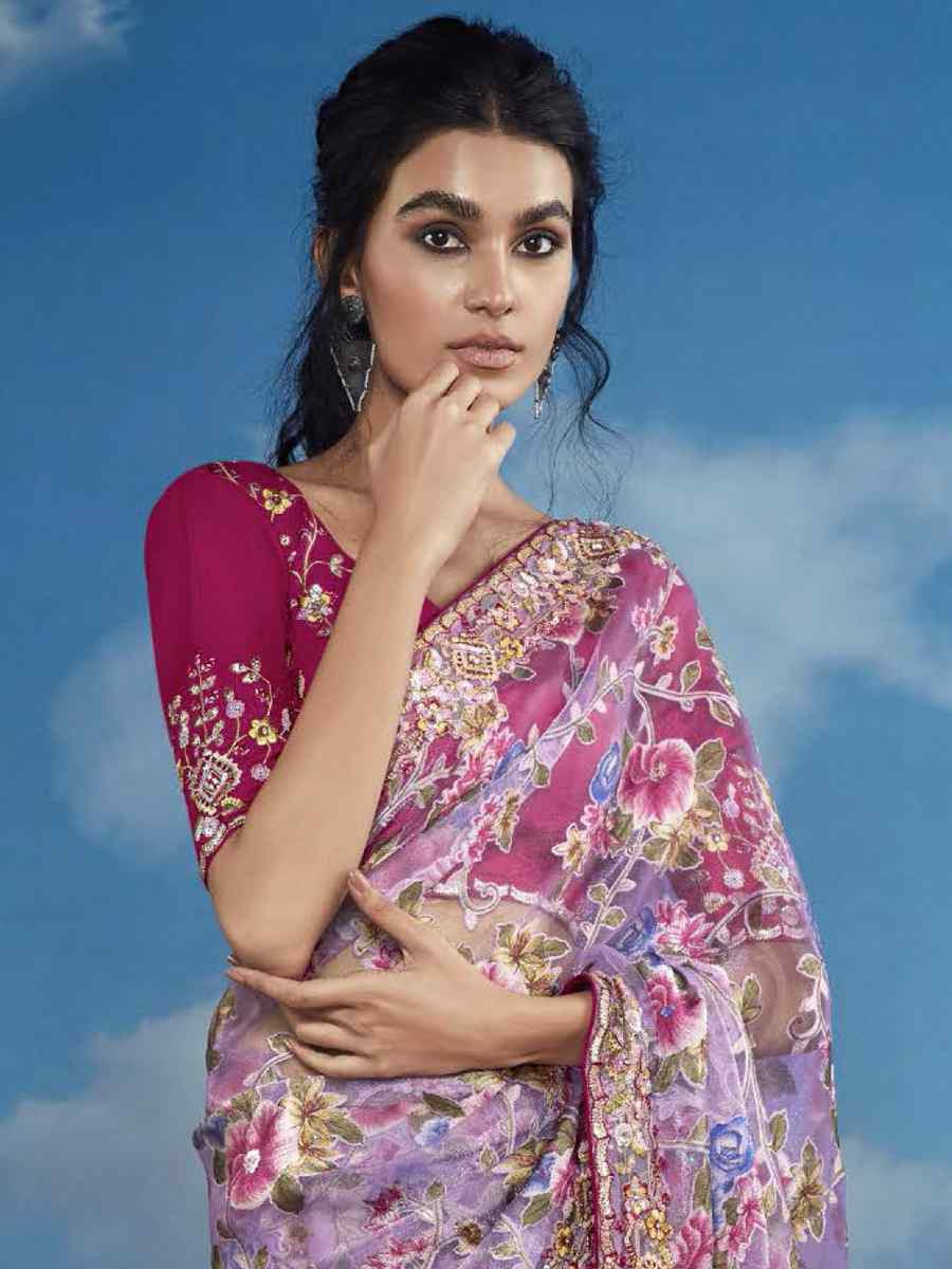 Lavender Organza Silk Embroidered Festival Wedding Heavy Border Saree