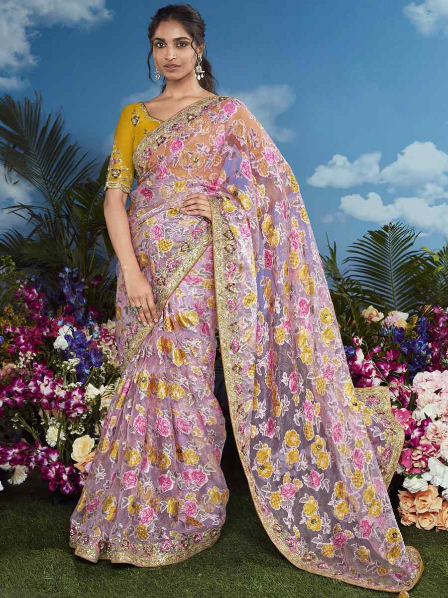 Lavender Organza Silk Embroidered Festival Wedding Heavy Border Saree