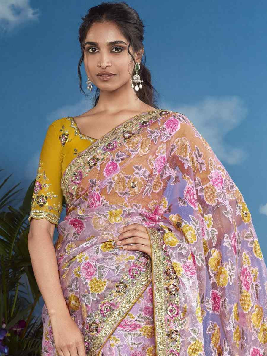 Lavender Organza Silk Embroidered Festival Wedding Heavy Border Saree