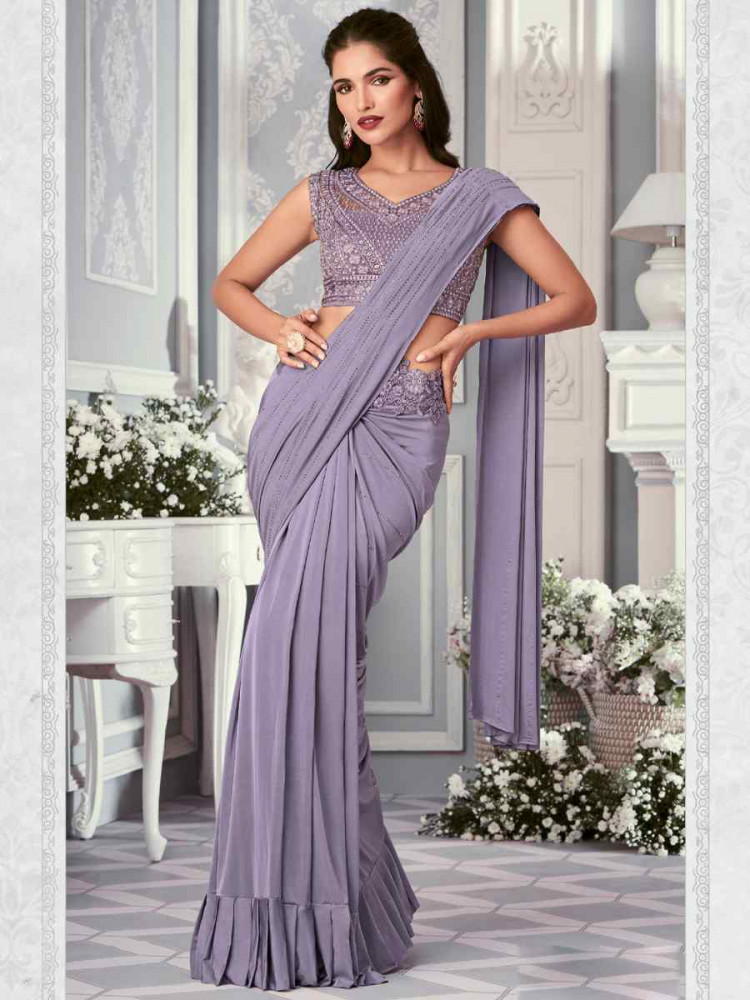 Lavender Organza Silk Embroidered Reception Wedding Heavy Border Saree