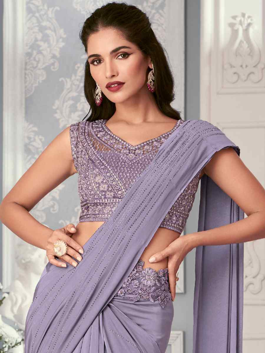 Lavender Organza Silk Embroidered Reception Wedding Heavy Border Saree