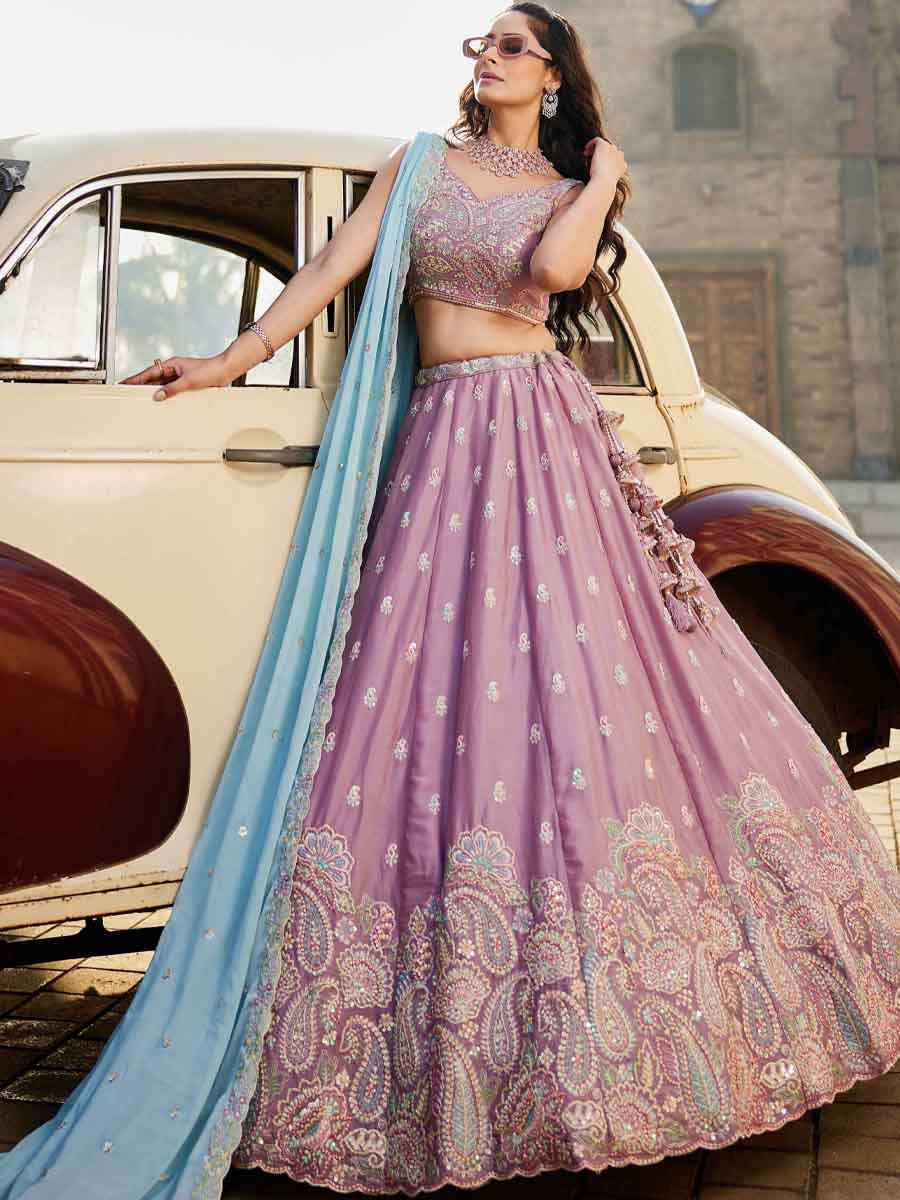 Lavender Poly Georgette Embroidery Reception Party Wear Heavy Border Lehenga Choli