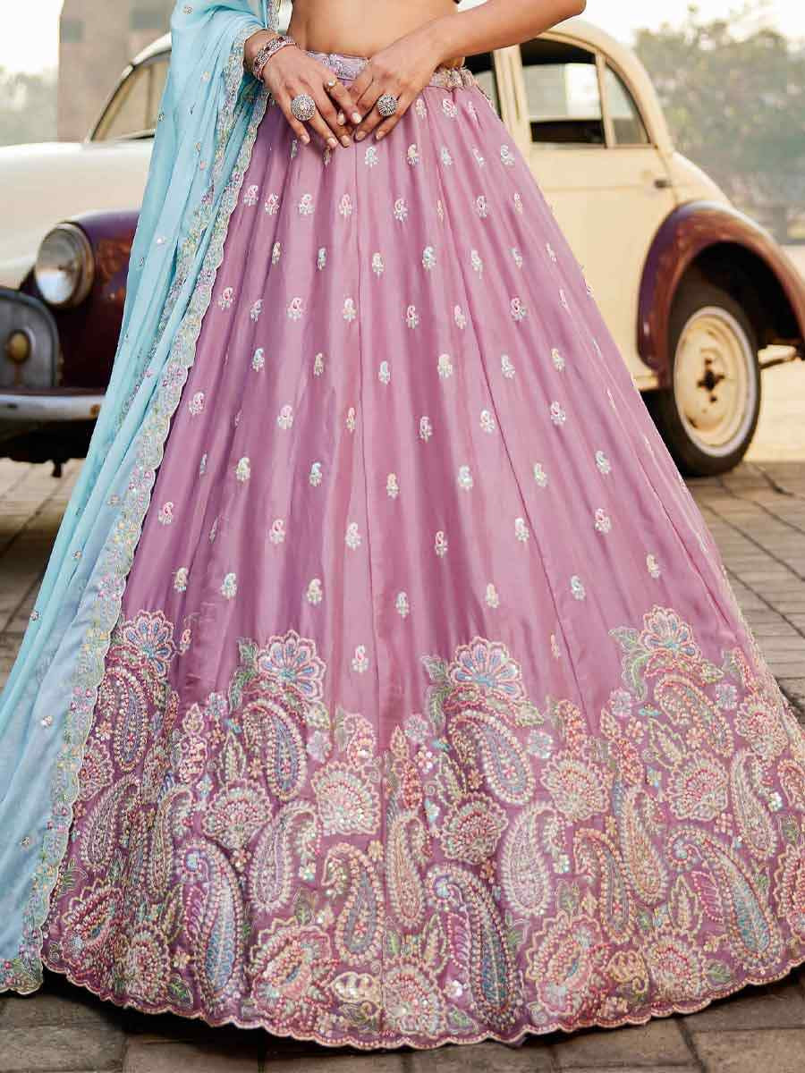 Lavender Poly Georgette Embroidery Reception Party Wear Heavy Border Lehenga Choli