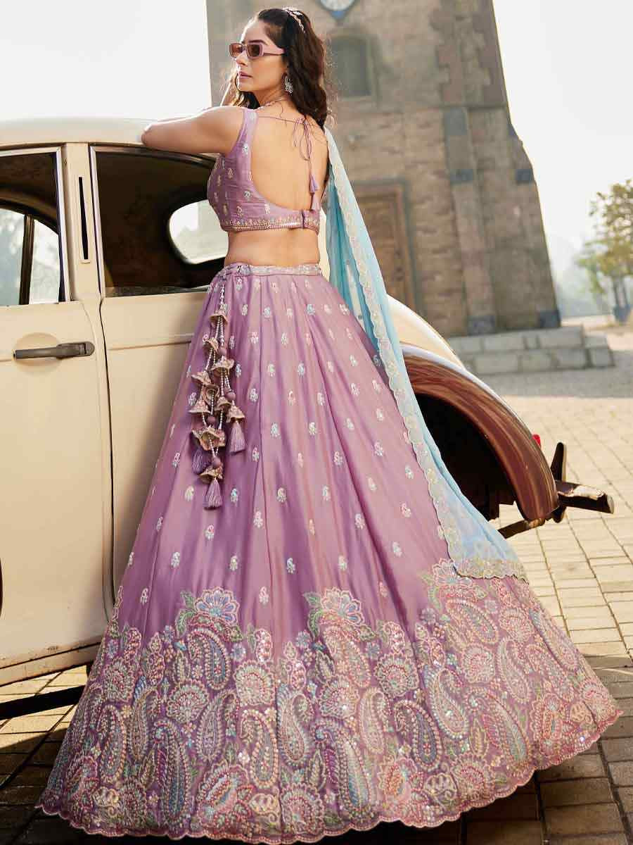 Lavender Poly Georgette Embroidery Reception Party Wear Heavy Border Lehenga Choli