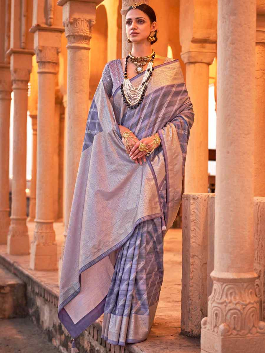 Lavender Poly Viscose Silk Handwoven Festival Wedding Heavy Border Saree