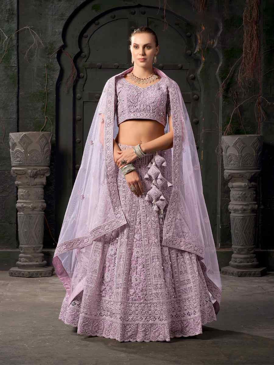 Lavender Premium Net Embroidered Reception Party Wear Heavy Border Lehenga Choli