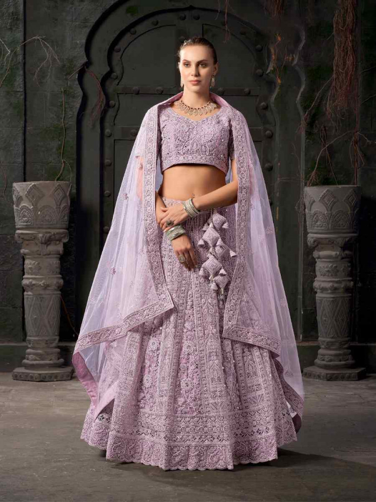 Lavender Premium Net Embroidered Reception Party Wear Heavy Border Lehenga Choli