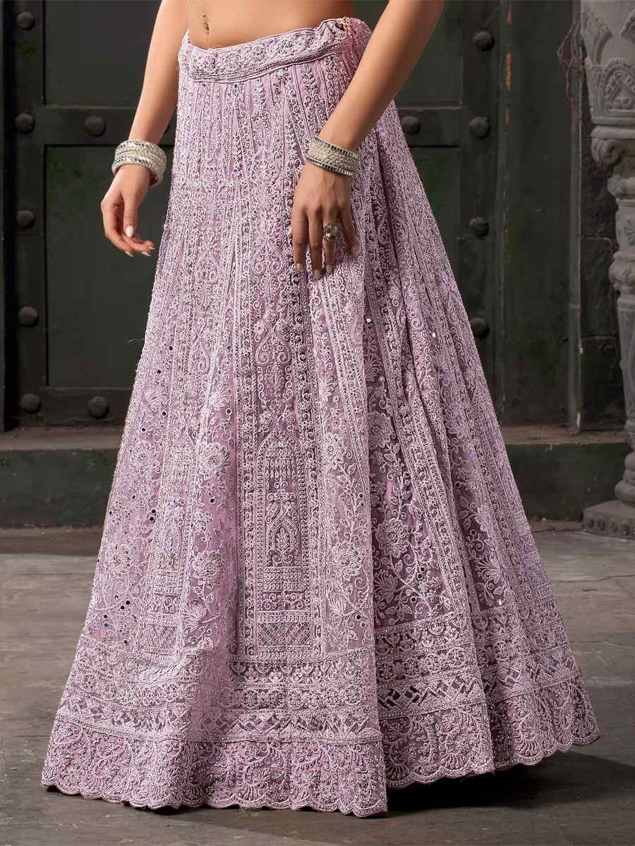 Lavender Premium Net Embroidered Reception Party Wear Heavy Border Lehenga Choli